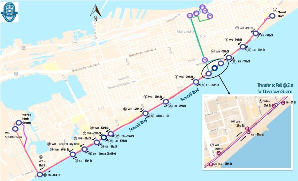 Galveston Rubber Tired and Train Trolley Route Map