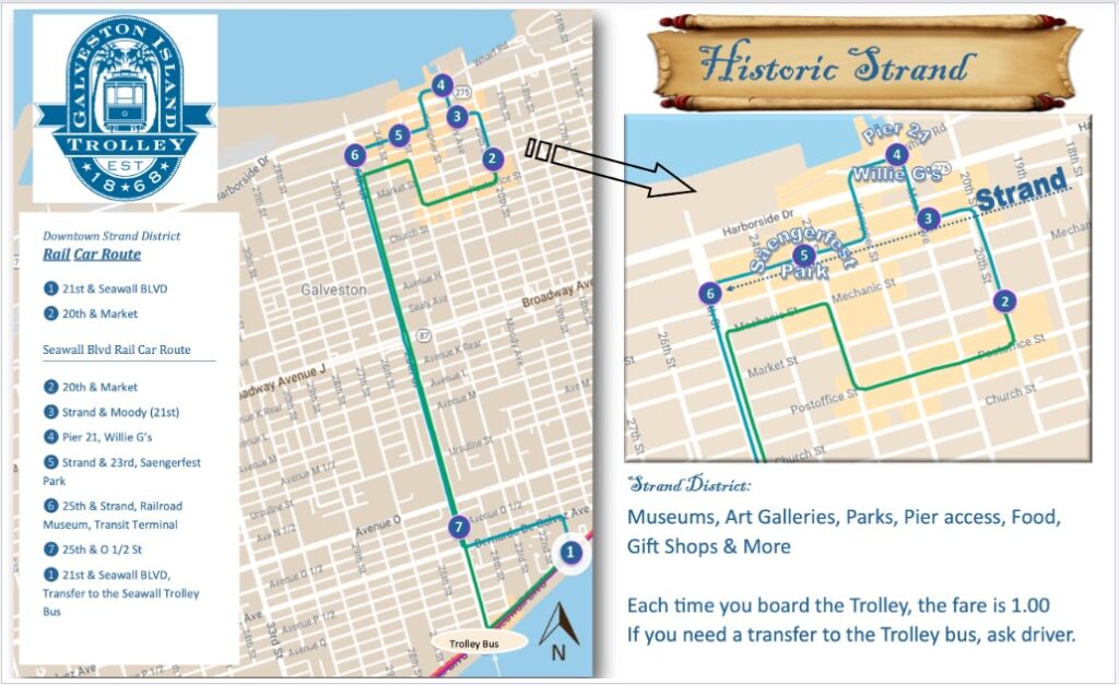 Galveston Train Trolley (which runs on tracks) Route Map