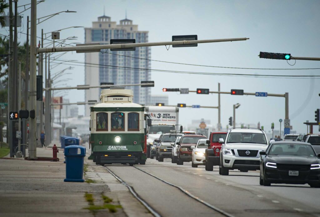 Galveston Trolley travels down Seawall Boulevard 2021 - source